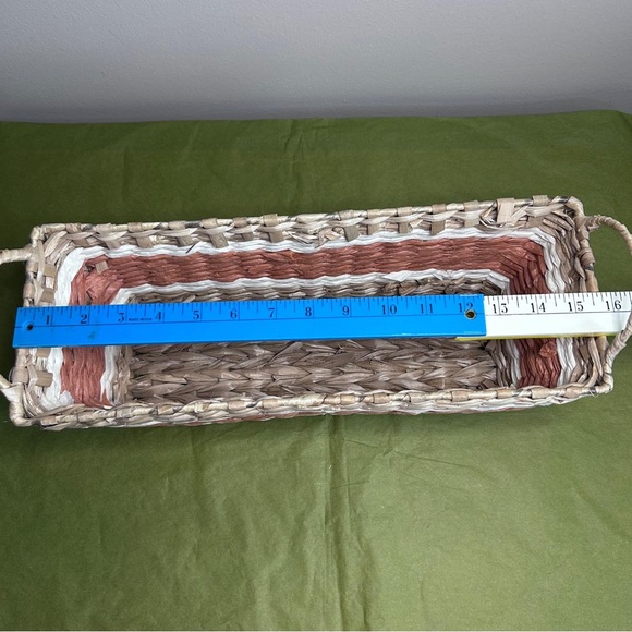 Tan and cream and terracotta color Woven Basket with Handles - Picture 4 of 6